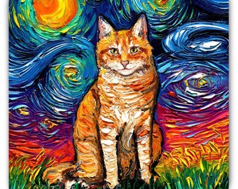 Orange Tabby Cat Magnet: Starry Night Art, Whimsical Decor
