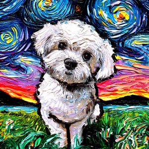 Maltipoo Art Starry Night Art Print dog lover gift cute art by Aja choose size and type of paper Maltese Poodle Mix image 2
