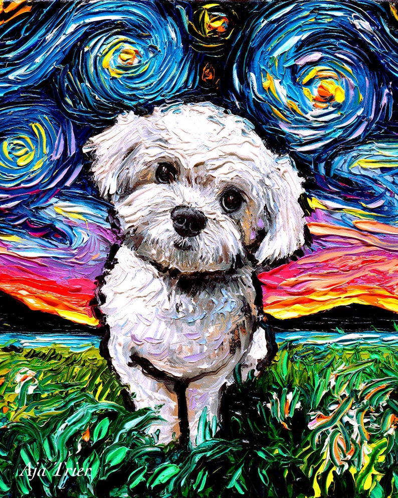 Maltipoo Art Starry Night Art Print dog lover gift cute art by Aja choose size and type of paper Maltese Poodle Mix image 2