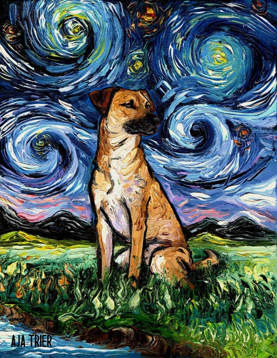 Black Mouth Cur Dog Art Print: Starry Night Canvas Wall Decor - Etsy