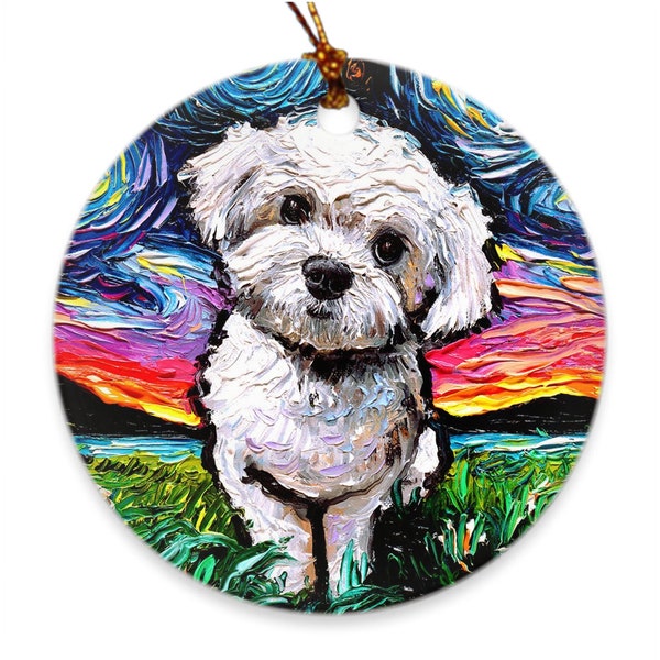 Maltipoo Starry Night Maltese Dog Porcelain Ornaments Choose Heart, Snowflake, Or Circle Printed On Both Sides Ceramic Heirloom Decoration