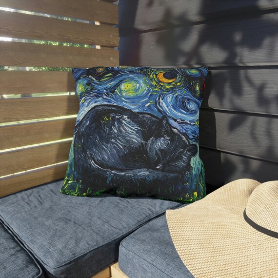 Outdoor Pillows  Sleeping Black Cat Starry Night Art by Aja stuffed Accent pillow Patio Porch Decor choose from 4 sizes Pet Animal