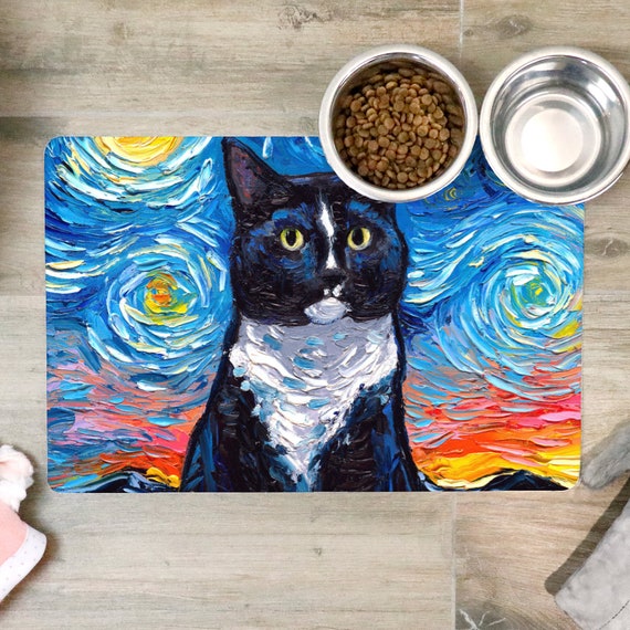 Pet Mat - Tuxedo Cat Portrait Starry Night Cat Feeding Mat Non-Slip Rubber  12x18 inches Art by Aja Printed in the USA