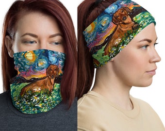 Brown Dachshund and flowers Dog Starry Night Art Face Mask, Face Shield Washable Reusable Mask Neck Gaiter Headband by Aja