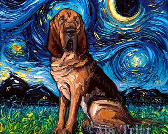Bloodhound Art Starry Night Art Print dog art by Aja choose size and type of paper pet owner pup artwork