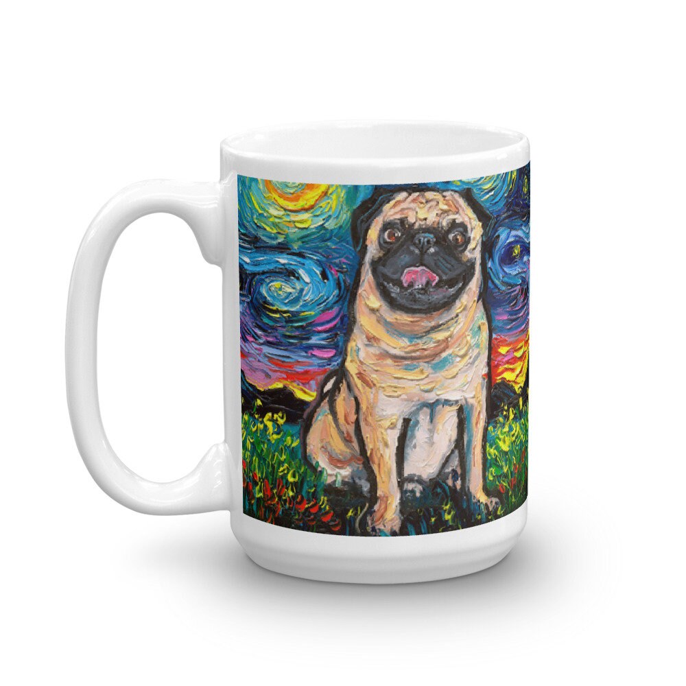 Fawn Pug Night Coffee Mug Dog Lover Starry Night Art by Aja | Etsy