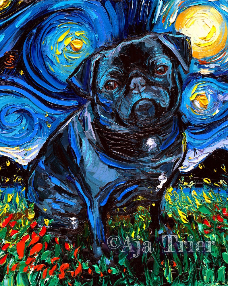 Black Pug Art 8x10 Starry Night Print Dog Lover Gift Cute Art Etsy