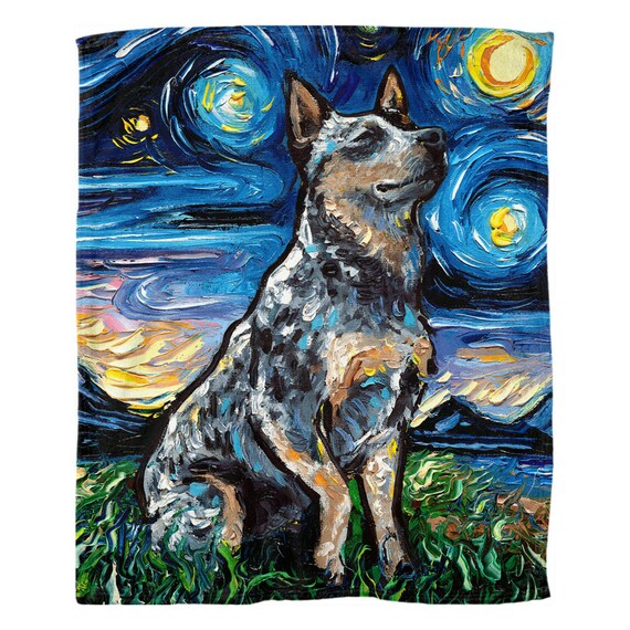 Blue Heeler Starry Night Dog 60x50 Inch Fleece Throw Blanket Cattle Dog Art By Aja Home Decor Soft Housewares