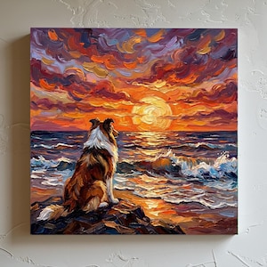Op de afbeelding: Olieverfschilderij van een hond die naar een zonsondergang boven de zee kijkt. Het kunstwerk gebruikt levendige kleuren van oranje, rood en paars in de lucht en het water. De hond is bruin en wit, zittend op een rotsachtige oever.