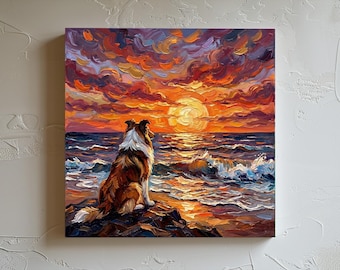 Collie Canvas Print: Dog and Beach Sunset Art