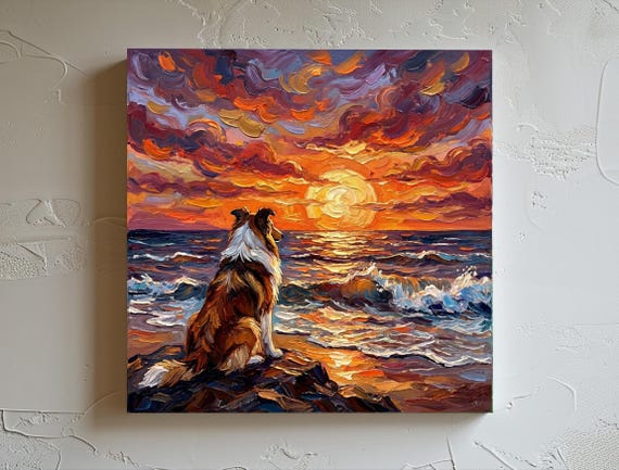 Collie Canvas Print: Dog and Beach Sunset Art