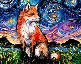 May include: A painting of a red fox sitting in a field of green grass with a starry night sky in the background. The sky is painted in a swirling, abstract style with shades of blue, purple, and yellow.