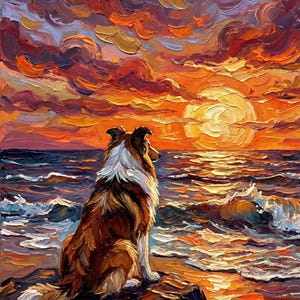 Op de afbeelding: Een olieverfschilderij toont een hond die op een rotsachtige oever zit en kijkt naar een levendige zonsondergang boven de zee. De lucht is gevuld met oranje, rode en paarse tinten, die weerspiegeld worden in het water. De hond heeft bruine en witte vacht.