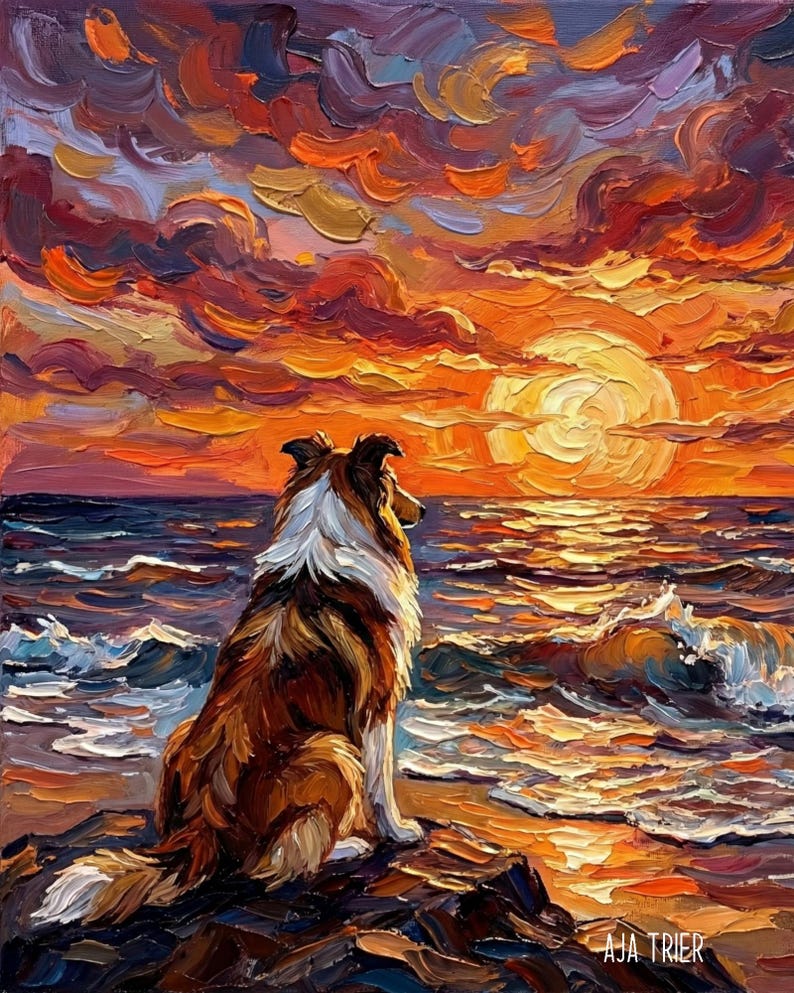Op de afbeelding: Een olieverfschilderij toont een hond die op een rotsachtige oever zit en kijkt naar een levendige zonsondergang boven de zee. De lucht is gevuld met oranje, rode en paarse tinten, die weerspiegeld worden in het water. De hond heeft bruine en witte vacht.