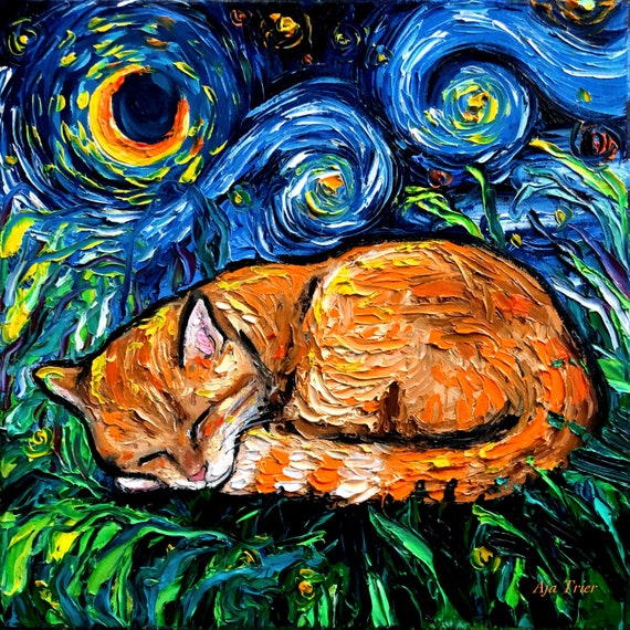 Orange Tabby Cat Art CANVAS Print Starry Night Ready to Hang Wall