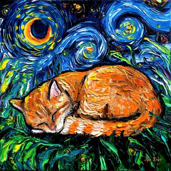 Orange tabby Cat Art CANVAS print Starry Night Ready to Hang wall decor artwork display by Aja animal home tiger kitty sleeping