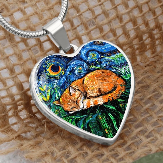 Orange Tabby Cat Necklace: Starry Night Art, Personalized