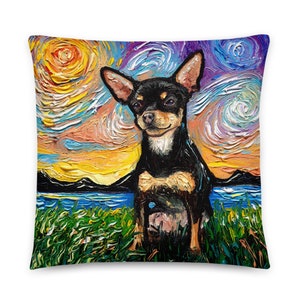 Basic Throw Pillow Black and Tan Chihuahua Dog Starry Night Art by Aja 16x16 or 20x20 inches stuffed Accent pillow Decor