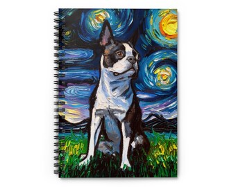 Spiral Notebook - Ruled Line Boston Terrier Starry Night Dog Soft Cover 8x6x.6 inch Journal Stationary Art by Aja Free shipping