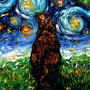 Starry Night Canvas Print Tortoiseshell Cat Art by artist Aja Trier of Sagittarius Gallery Tortie Cat Lover Gift