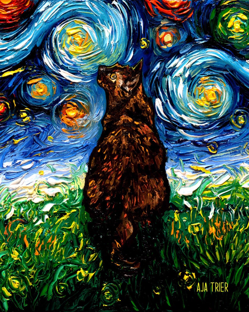 Starry Night Canvas Print Tortoiseshell Cat Art by artist Aja Trier of Sagittarius Gallery Tortie Cat Lover Gift
