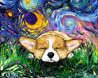 Sleeping Pembroke Welsh Corgi Dog Starry Night Art Print picture by Aja choose size, Photo Paper Watercolor Paper artwork home decor