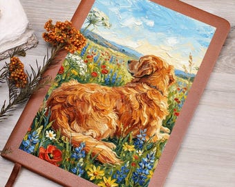 Golden retriever lederen dagboek wilde bloemen dagboek schrijfboek hond kunst cadeau