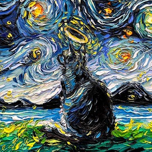 May include: A black cat sits in a field of green grass under a swirling blue and yellow starry night sky. The painting is in the style of Vincent van Gogh's "Starry Night".
