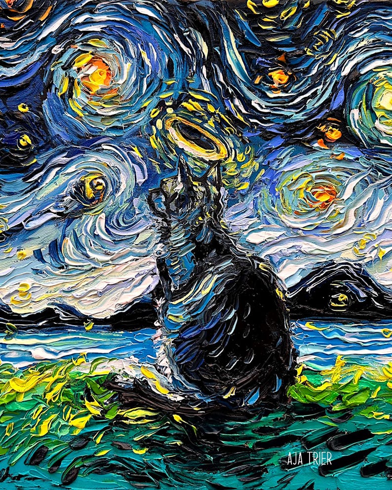 May include: A black cat sits in a field of green grass under a swirling blue and yellow starry night sky. The painting is in the style of Vincent van Gogh's "Starry Night".
