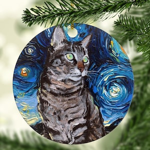 Cat Ornament Gray Tabby Cat Portrait Decoration Starry Night Holiday Tree Cat Lover Gift Striped Cat Ceramic Heirloom Keepsake Pet Memorial