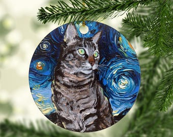 Cat Ornament Gray Tabby Cat Portrait Decoration Starry Night Holiday Tree Cat Lover Gift Striped Cat Ceramic Heirloom Keepsake Pet Memorial