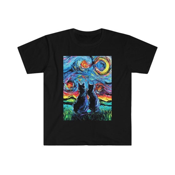 Shirt Black Cats and Crescent Moon Starry Night Cat Shortsleeve