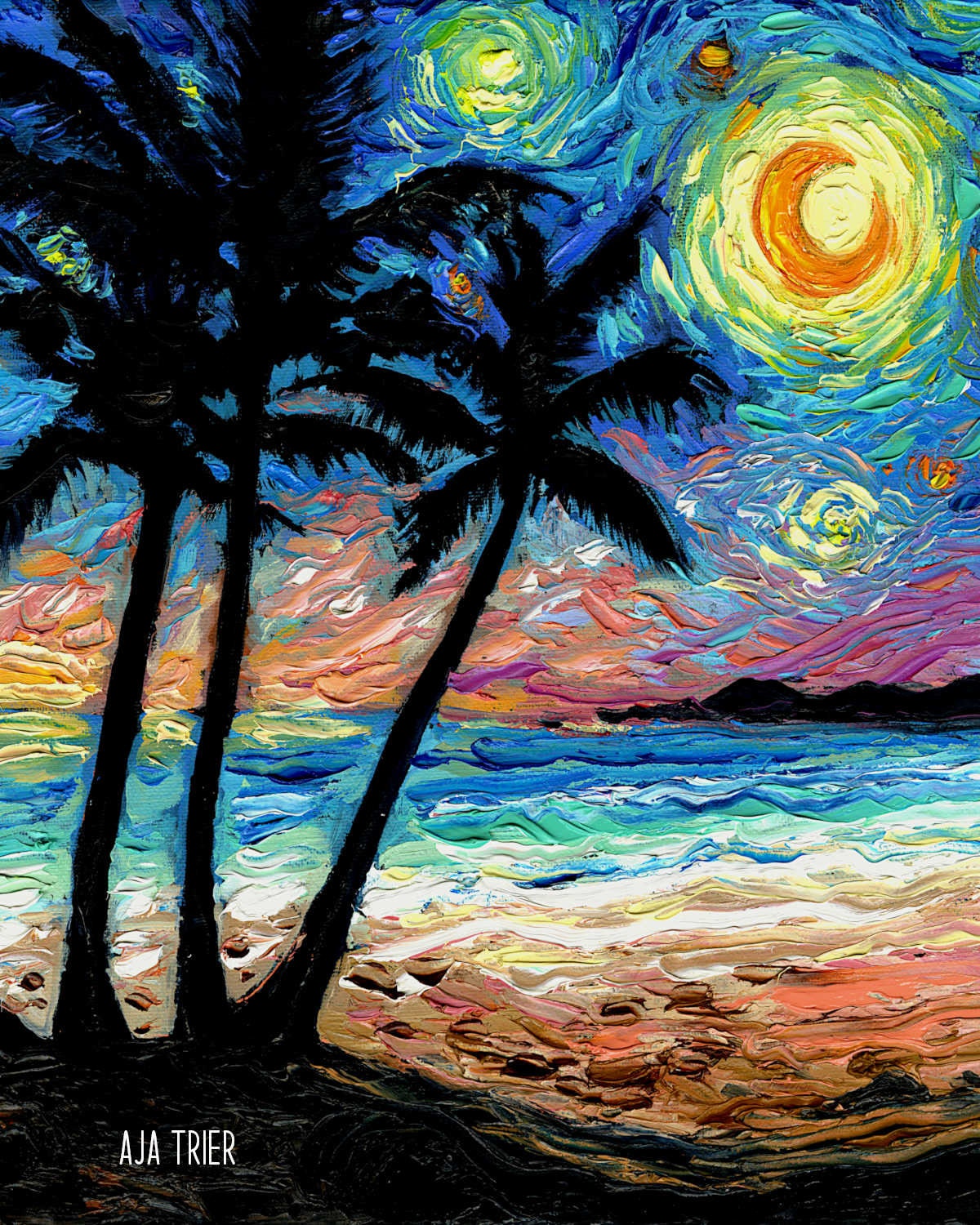 ⭐️ Ocean Art With Palm Trees⭐️ Tropical Starry Night Beach Palm Trees Art Print Gift