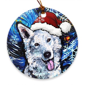 Swiss Shepherd Dog In Santa Hat Art Starry Night 3x3 Inch Christmas Ornament Printed On Both Sides Ceramic Heirloom Tree Decoration