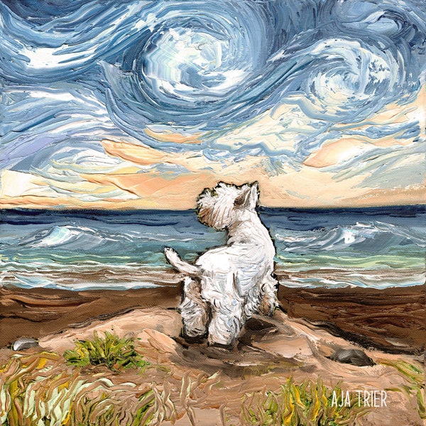 Beach Day - Westie West Highland Terrier dog Art CANVAS print Ready to Hang wall decor artwork display by Aja Coastal Ocean Home Decor