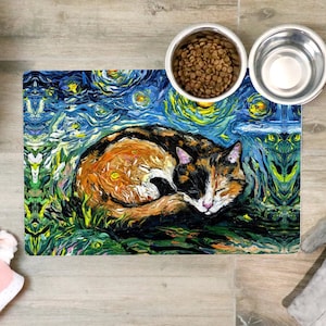 Pet Mat - Sleeping Calico Cat Starry Night Feeding Mat Non-Slip Rubber 12x18 inches Art by Aja Pet Placemat free shipping Pet gift