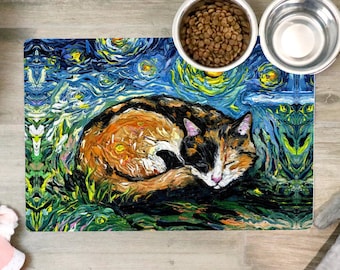Pet Mat - Sleeping Calico Cat Starry Night Feeding Mat Non-Slip Rubber 12x18 inches Art by Aja Pet Placemat free shipping Pet gift