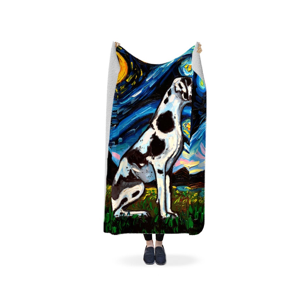 Harlequin Great Dane Starry Night Dog Fleece Sherpa Blankets sold by