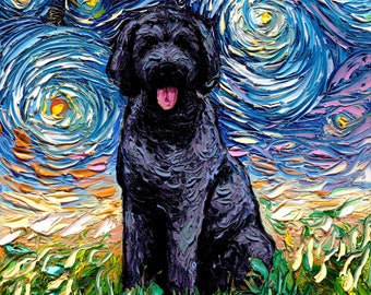 May include: A black dog with its tongue sticking out sits in a field of green grass. The background is a blue and yellow swirling sky with white stars, reminiscent of Vincent van Gogh's 'Starry Night'.