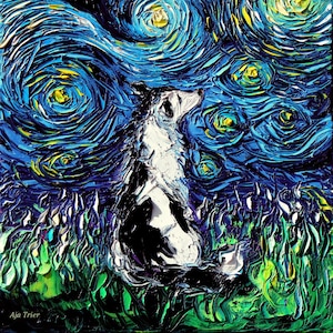 Border Collie Art Starry Night Art Print dog lover gift cute art by Aja 8x8 10x10 12x12 20x20 and 24x24 inches choose size pup puppy