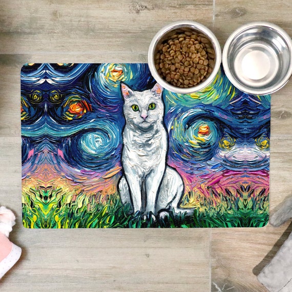 Pet Mat - White Cat Starry Night Cat Feeding Mat Non-Slip Rubber 12x18  inches Art by Aja printed in the USA Colorful Cat Placemat Home Decor