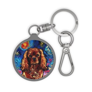 Keychain - Ruby Cavalier King Charles Spaniel Portrait Starry Night Dog Key Chain Keyring tag School Bag Charm Art by Aja