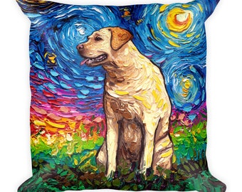 Yellow Labrador Dog Lover Starry Night Basic Throw Pillow blonde lab Art by Aja 16x16 inches stuffed