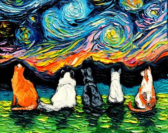 Starry Cats Art Starry Night animal feline print pet artwork by Aja Choose size and type of paper