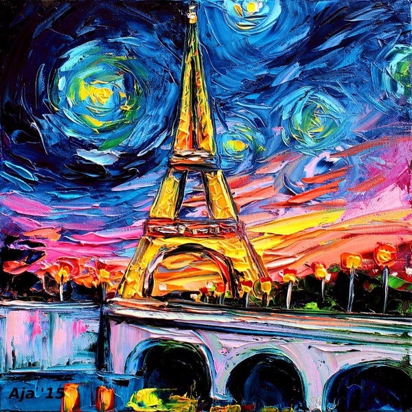 Eiffel Tower Art - Starry Night CANVAS print van Gogh Never Saw Eiffel by Aja Choose size Paris France Landmark Impressionist artwork