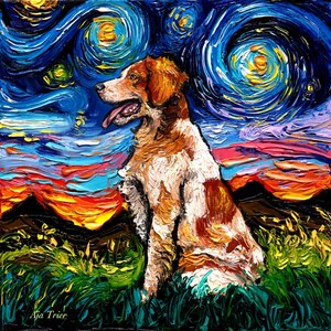 Brittany Spaniel Art CANVAS print Starry Night Ready to Hang wall decor artwork display by Aja animal home decoration