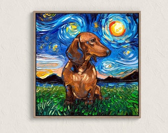 Dachshund Starry Night Print, Impressionist Dog Art