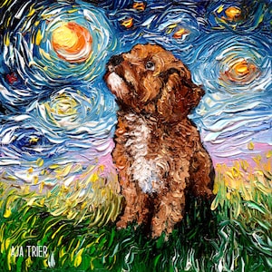 May include: A brown and white dog with its head tilted up, looking at a starry night sky painted in a swirling, abstract style. The dog is standing in a field of green grass.