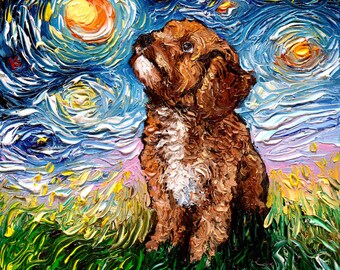 May include: A brown and white dog with its head tilted up, looking at a starry night sky painted in a swirling, abstract style. The dog is standing in a field of green grass.