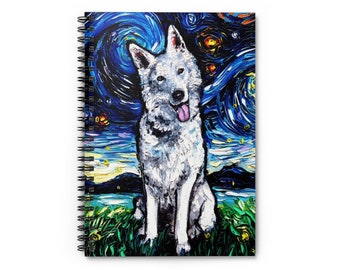 Spiral Notebook - Ruled Line Swiss Shepherd Starry Night Dog 8x6x.6 inch Journal Stationary Art by Aja Free US Shipping